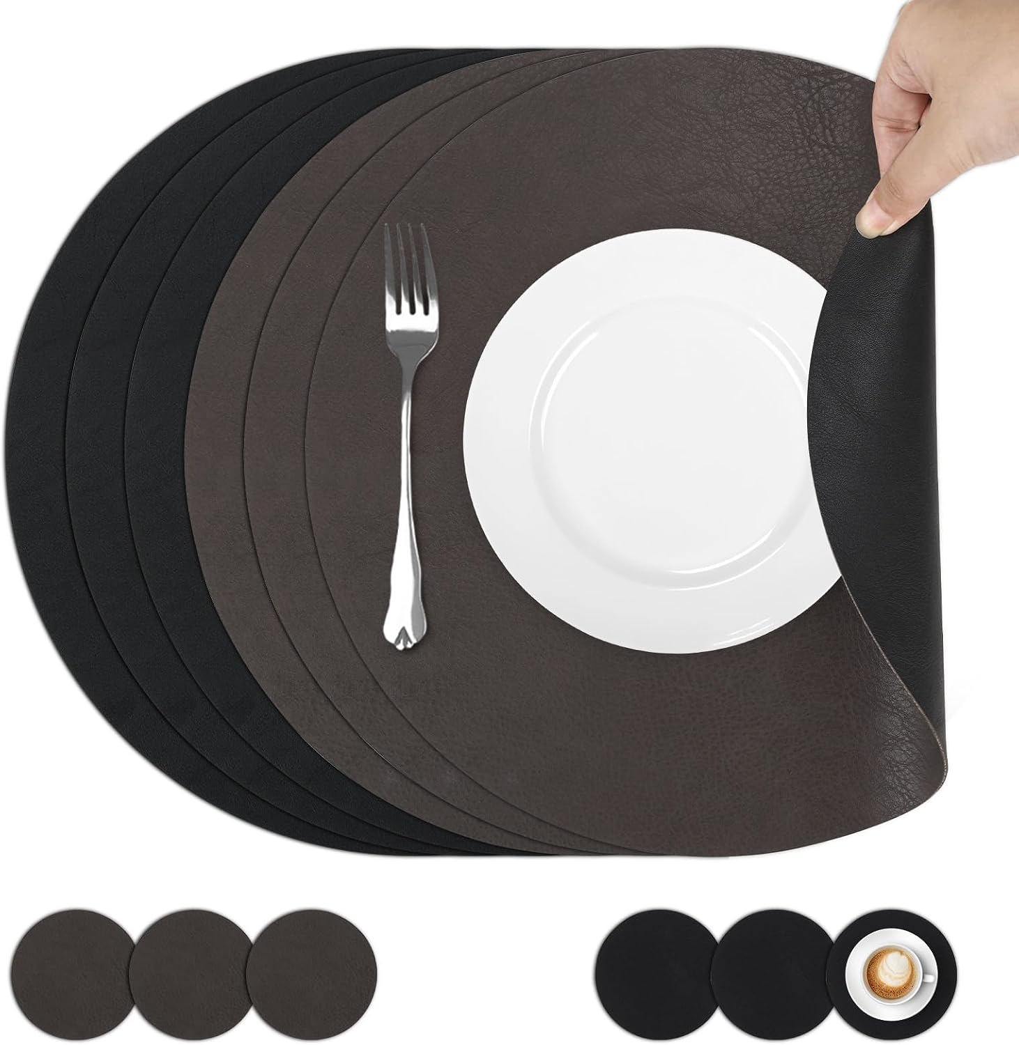Set de table – lavable, en plastique, antidérapant, résistant à l'eau, Lot de 6, 33cm, noir