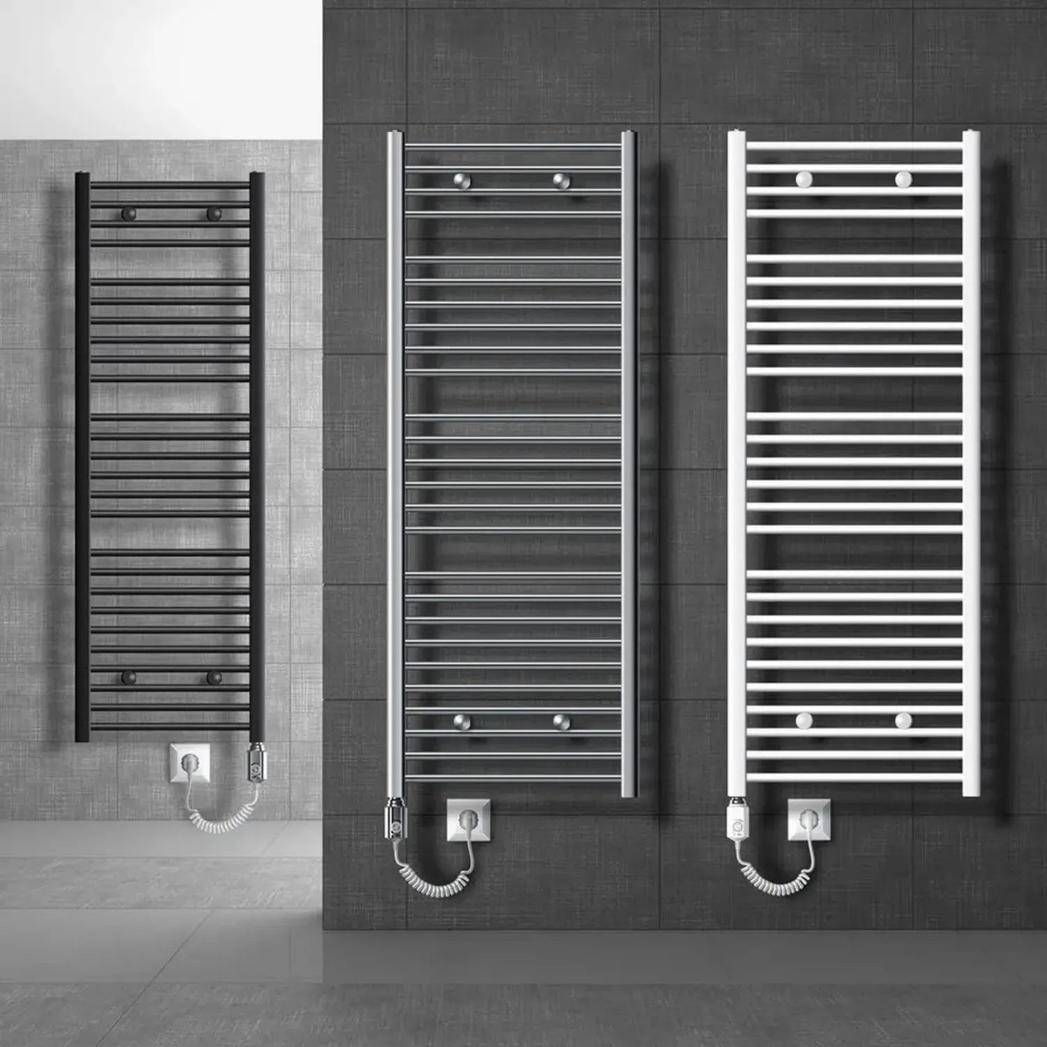 Radiateur Électrique de Salle de Bain ECD Germany 1200W, Design Courbé, 400x1500 mm, Blanc, Sèche-Serviettes avec Raccords Latéraux