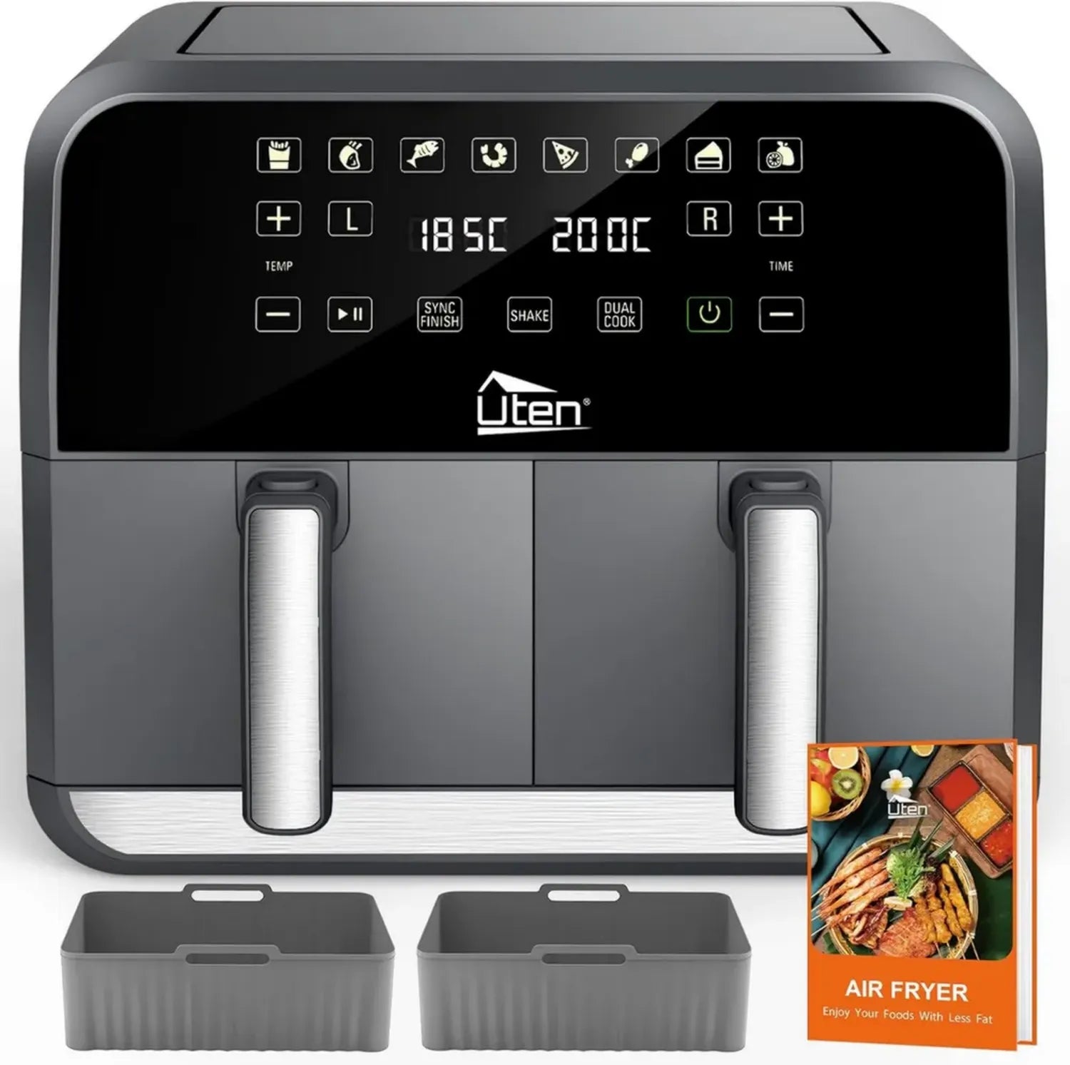 Friteuse à Air Double Uten 8L, Sans Huile, 2 Tapis Silicone, 114 Recettes, 8-en-1 SYNC FINISH, Écran Digital, Rappel Secousse, Lavable Lave-vaisselle