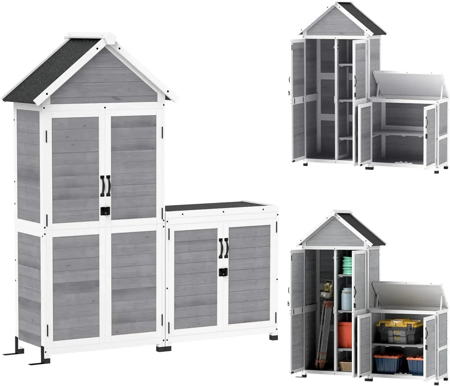 Outsunny Abri de Jardin et Armoire de Rangement Extérieur en Bois avec Toit en Asphalte et Portes Sécurisées, Étagères Incluses, Idéal pour Balcon, Gris