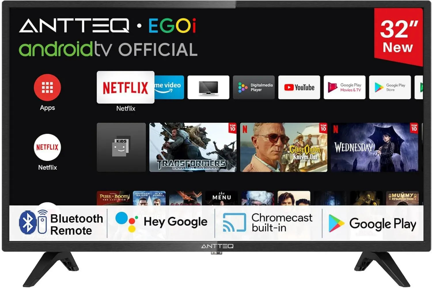 Antteq Téléviseur Intelligent 32 Pouces LED HD, Dolby Audio, Google Assistant, Triple Tuner, WiFi