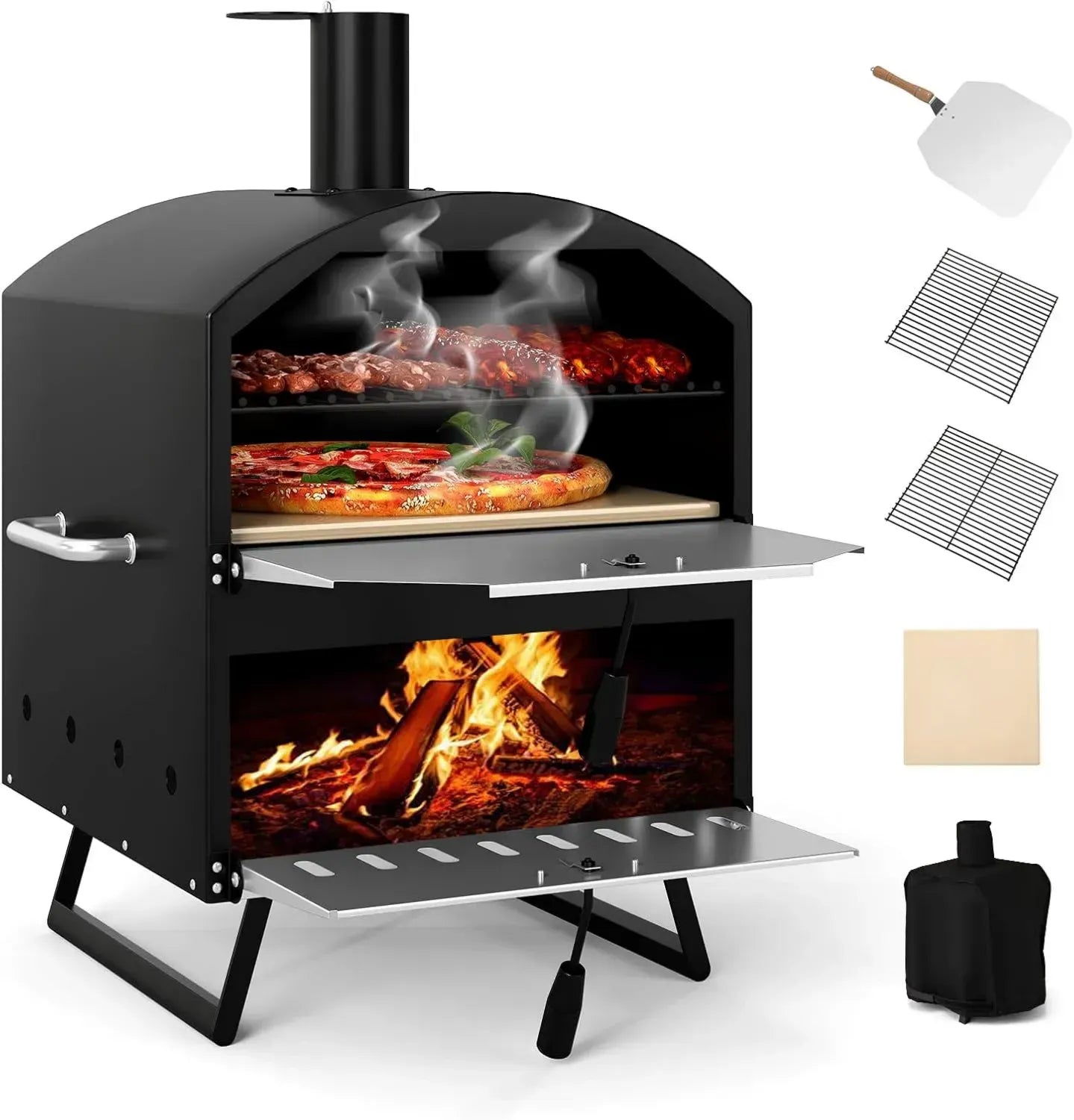 Four à Pizza Portable en Bois pour Extérieur, Grande Capacité avec Pierre et Accessoires, Idéal pour Camping et BBQ